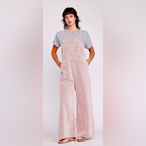 Anthropologie Self Contrast Lanie Overalls in Red and White, Size L - Picture 1 of 7